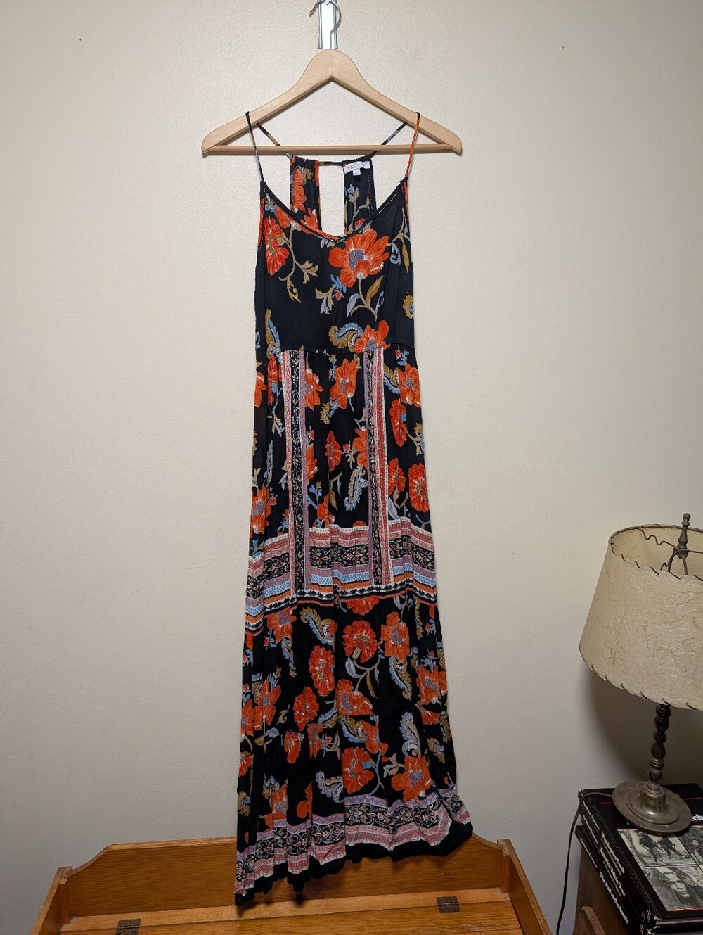 Patrons of Peace Floral Boho Maxi Dress Medium Black Orange Border Print